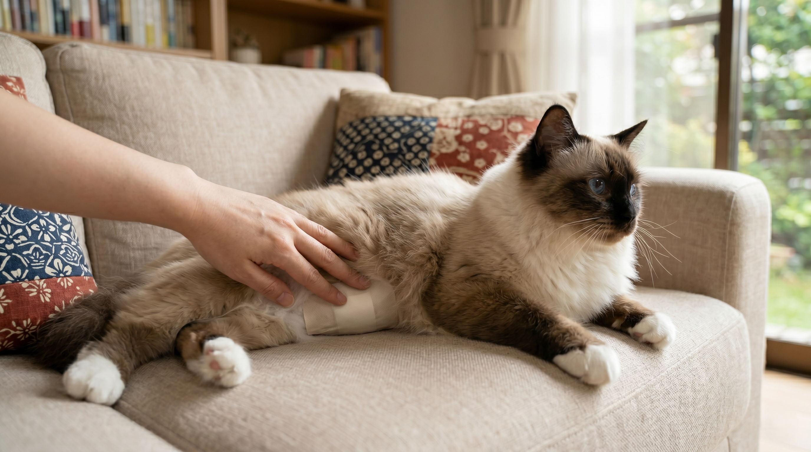 猫の腹部乳腺にしこりを発見した飼い主が触診している様子（実写風）