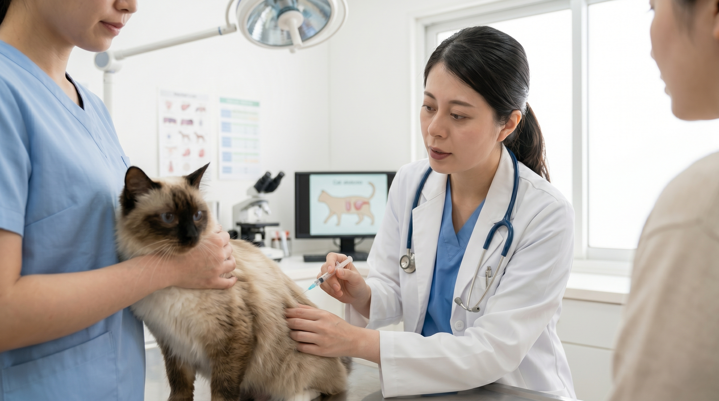 獣医師が猫の腹部を触診して乳腺検査を行っている診察室の様子（実写風）