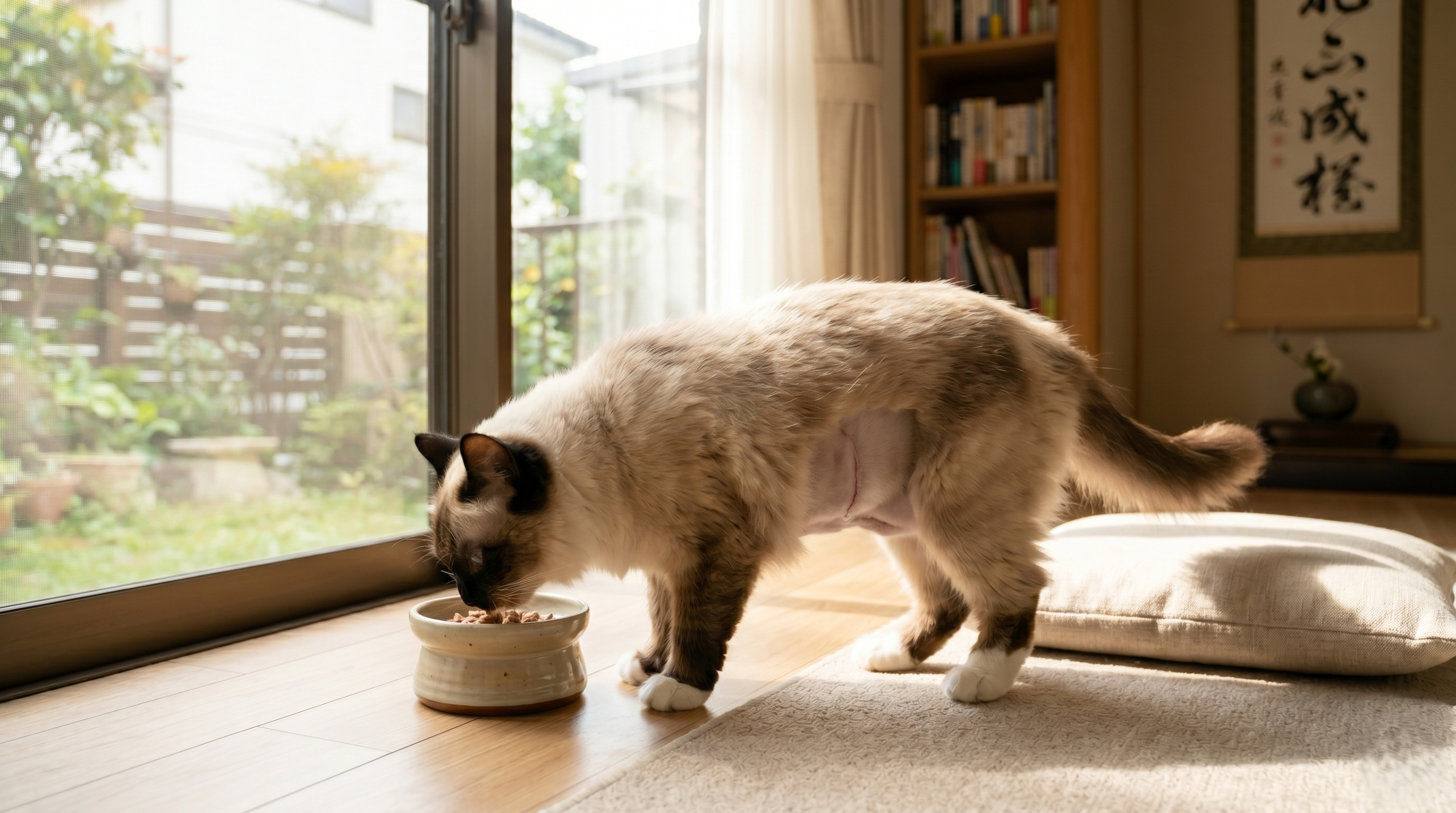 猫を抱いて動物病院の診察室で獣医師と話す日本人女性飼い主（実写風）