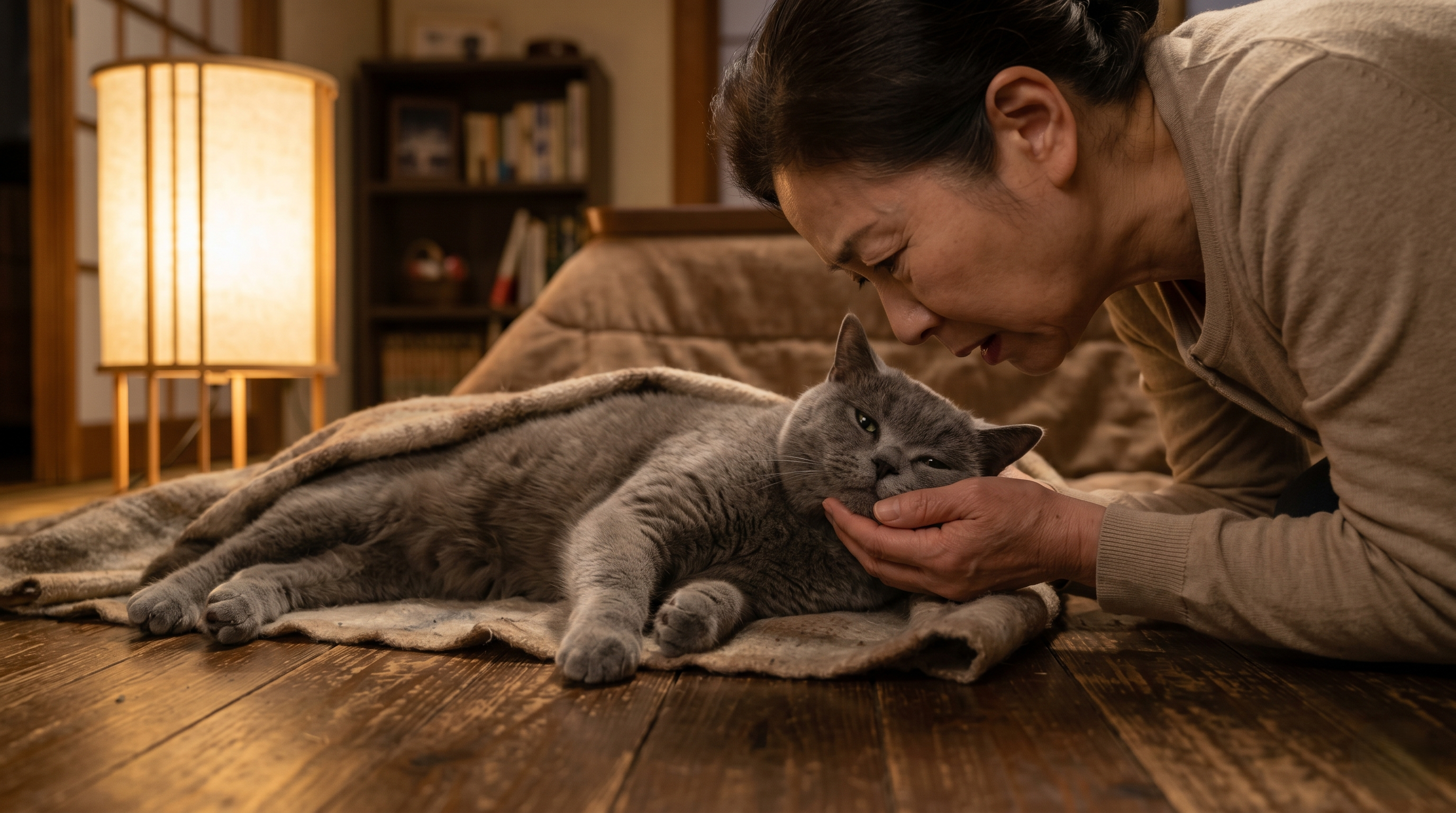 元気なく横たわり食欲のない高齢猫をのぞき込む日本人女性（実写風）