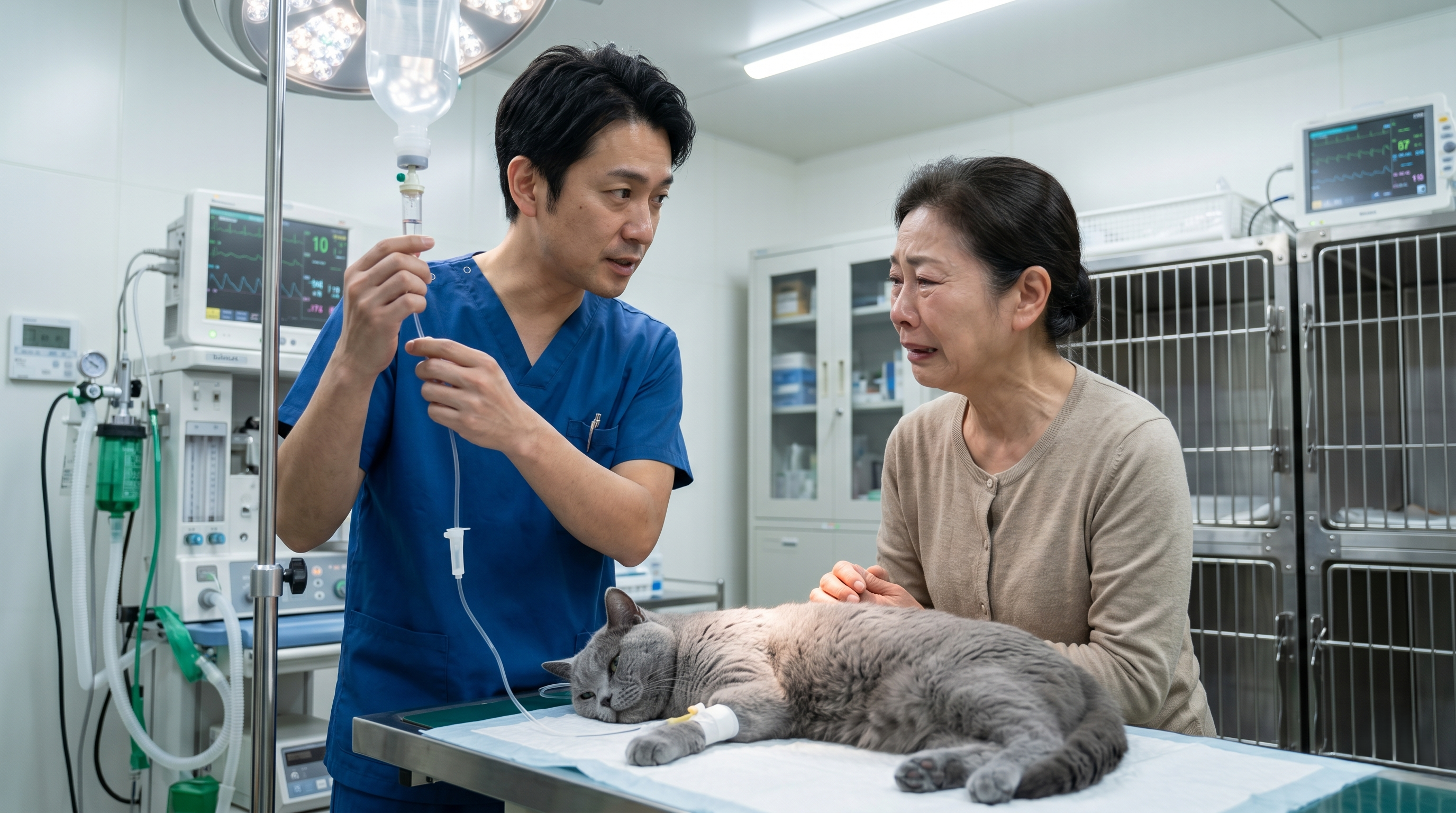 動物病院で猫の血液検査結果を確認している獣医師（実写風）