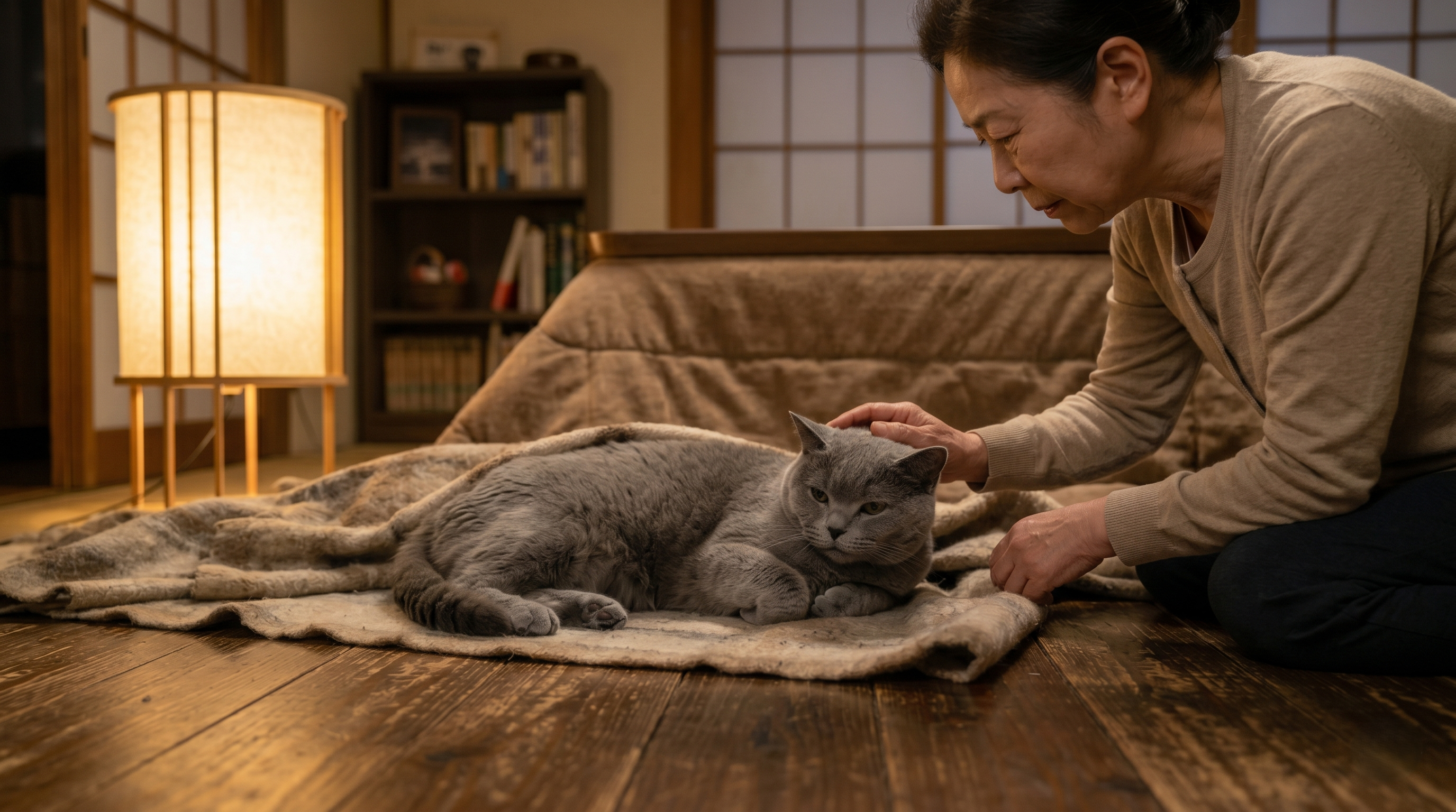 点滴治療を受ける猫のそばに寄り添う日本人飼い主と獣医師（実写風）