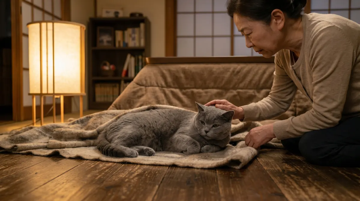 点滴治療を受ける猫のそばに寄り添う日本人飼い主と獣医師（実写風）