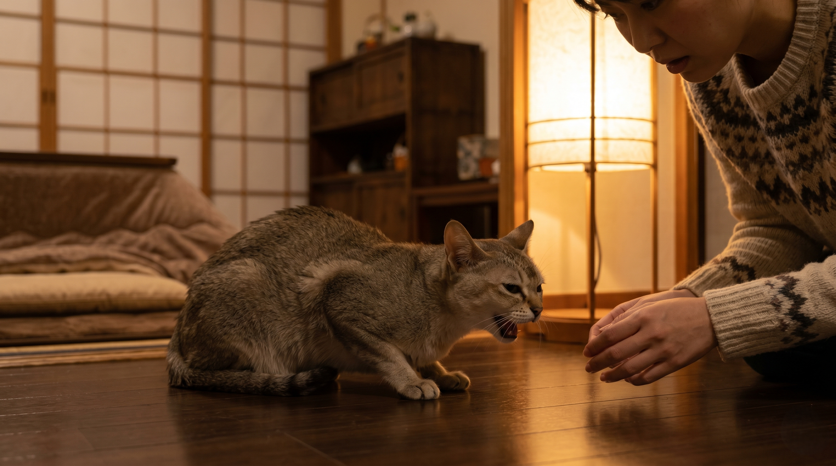 口を少し開けて努力呼吸をしている猫と心配そうな日本人飼い主（実写風）