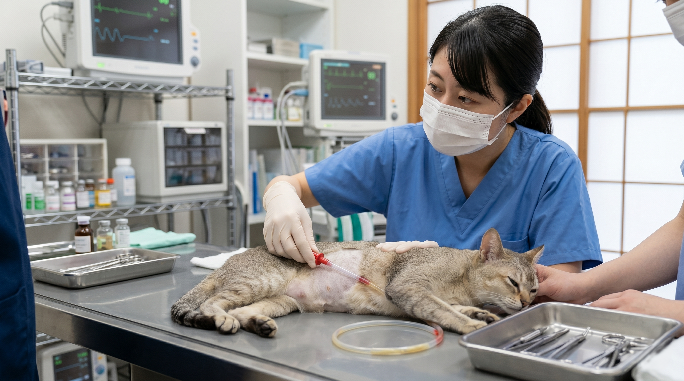 猫の胸部をレントゲン検査している動物病院の様子（実写風）