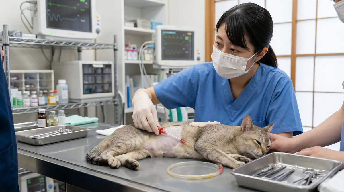猫の胸部をレントゲン検査している動物病院の様子（実写風）