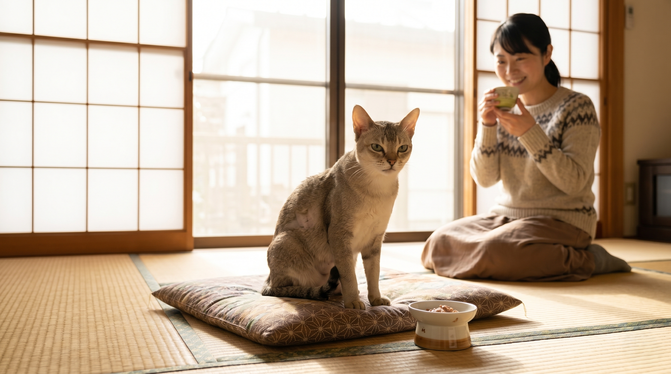 動物病院でドレナージ治療後に回復しつつある猫と安堵した表情の日本人飼い主（実写風）