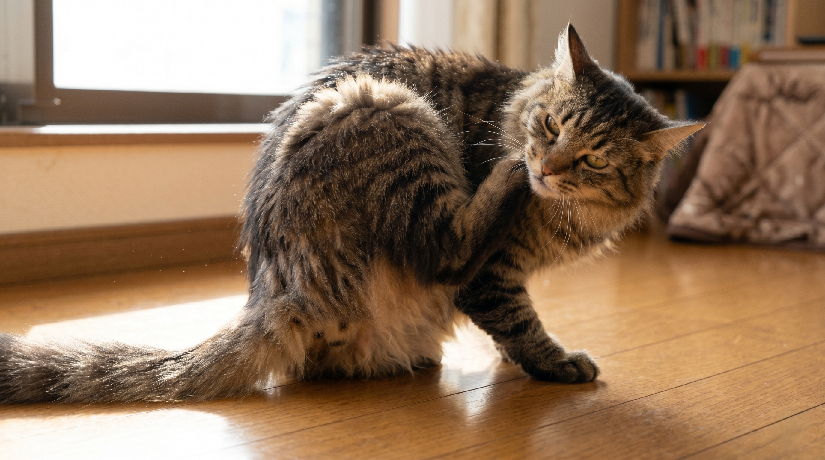 背中・腰周りを激しくかいている猫（実写風）