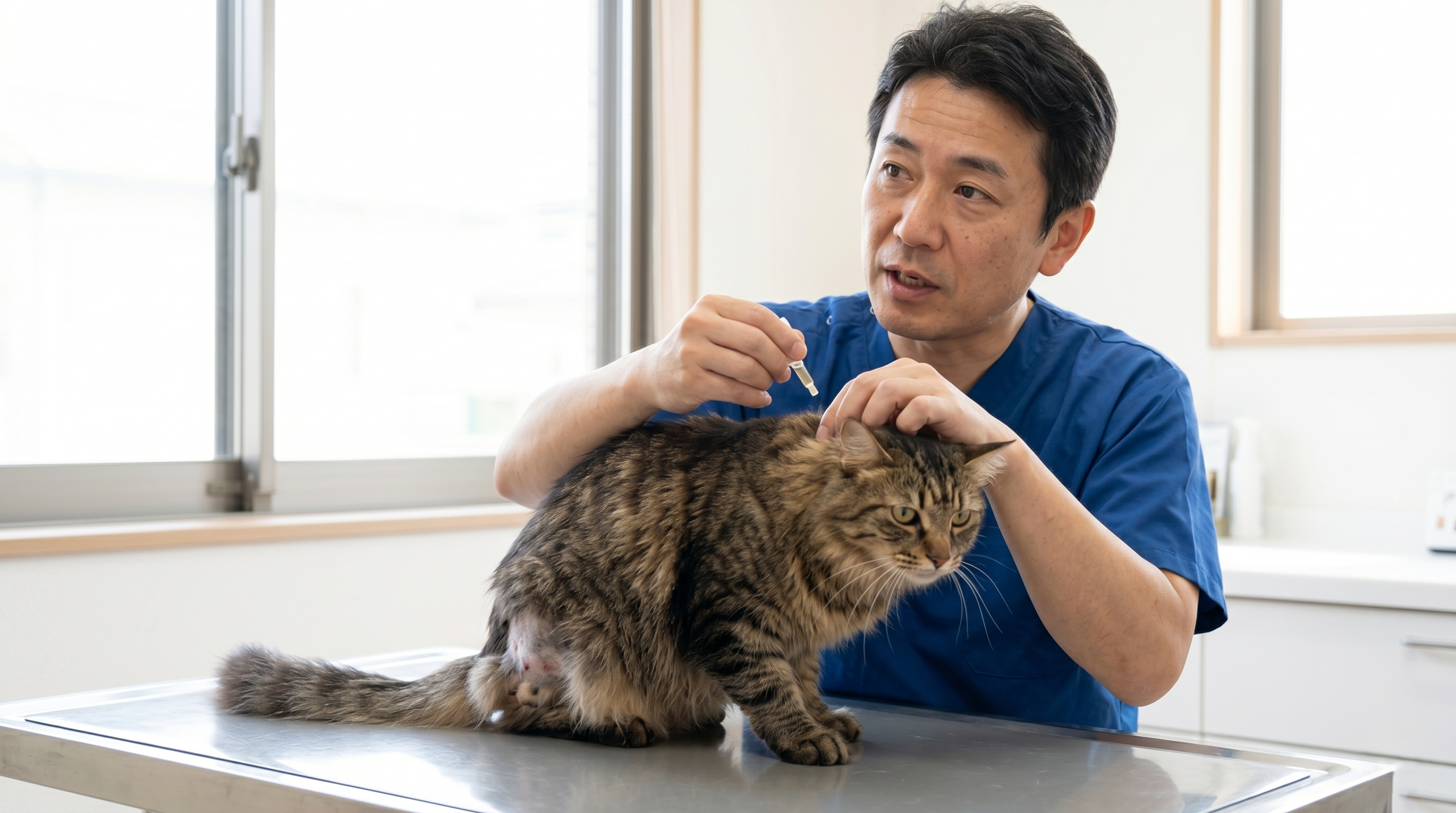 猫の皮膚に黒い粒（ノミの糞）を確認している獣医師（実写風）