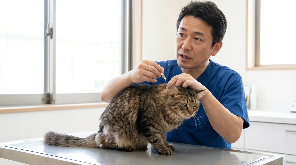 猫の皮膚に黒い粒（ノミの糞）を確認している獣医師（実写風）