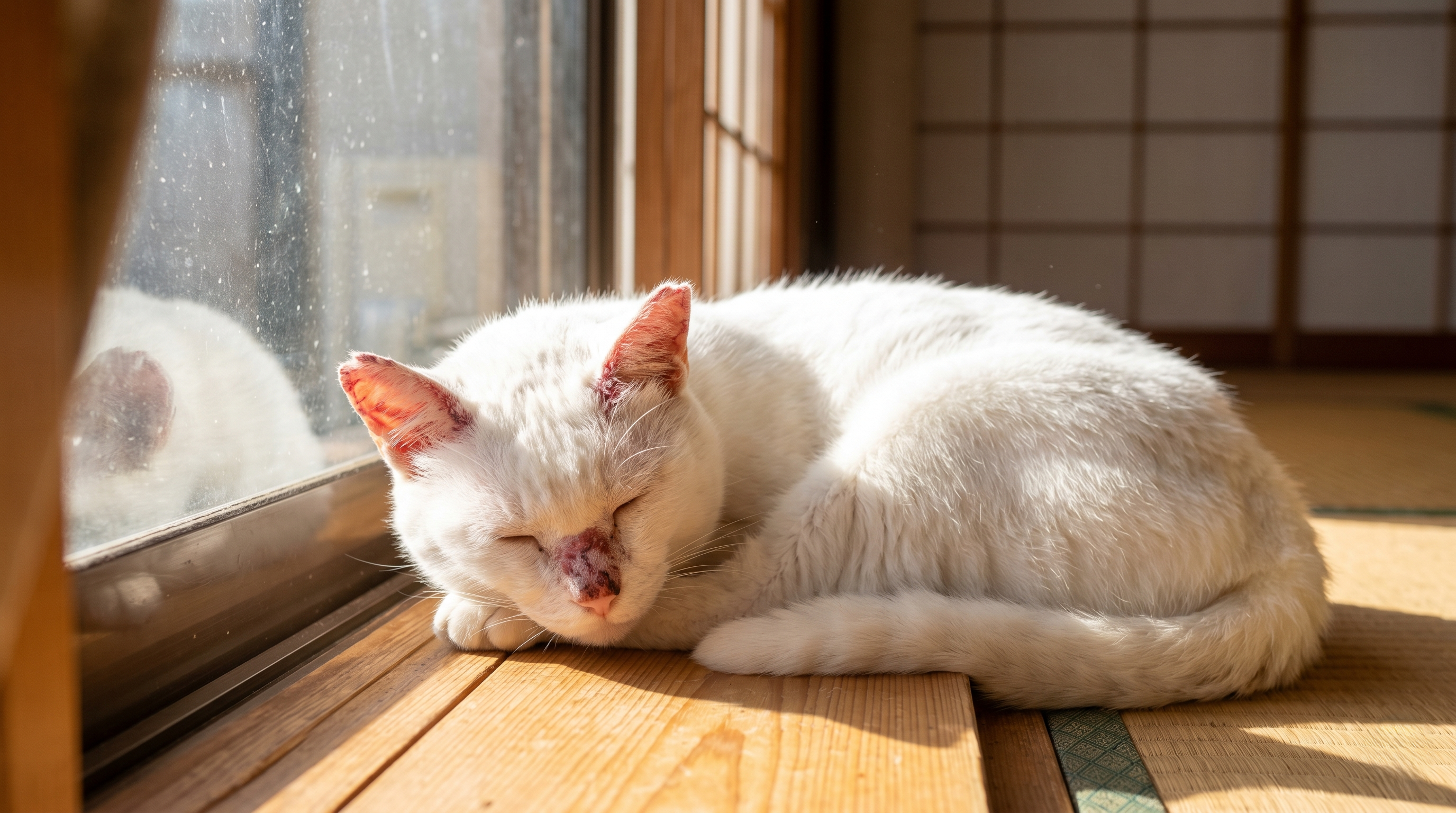 白猫の耳先が赤くただれているのを指で示す日本人女性飼い主（実写風）