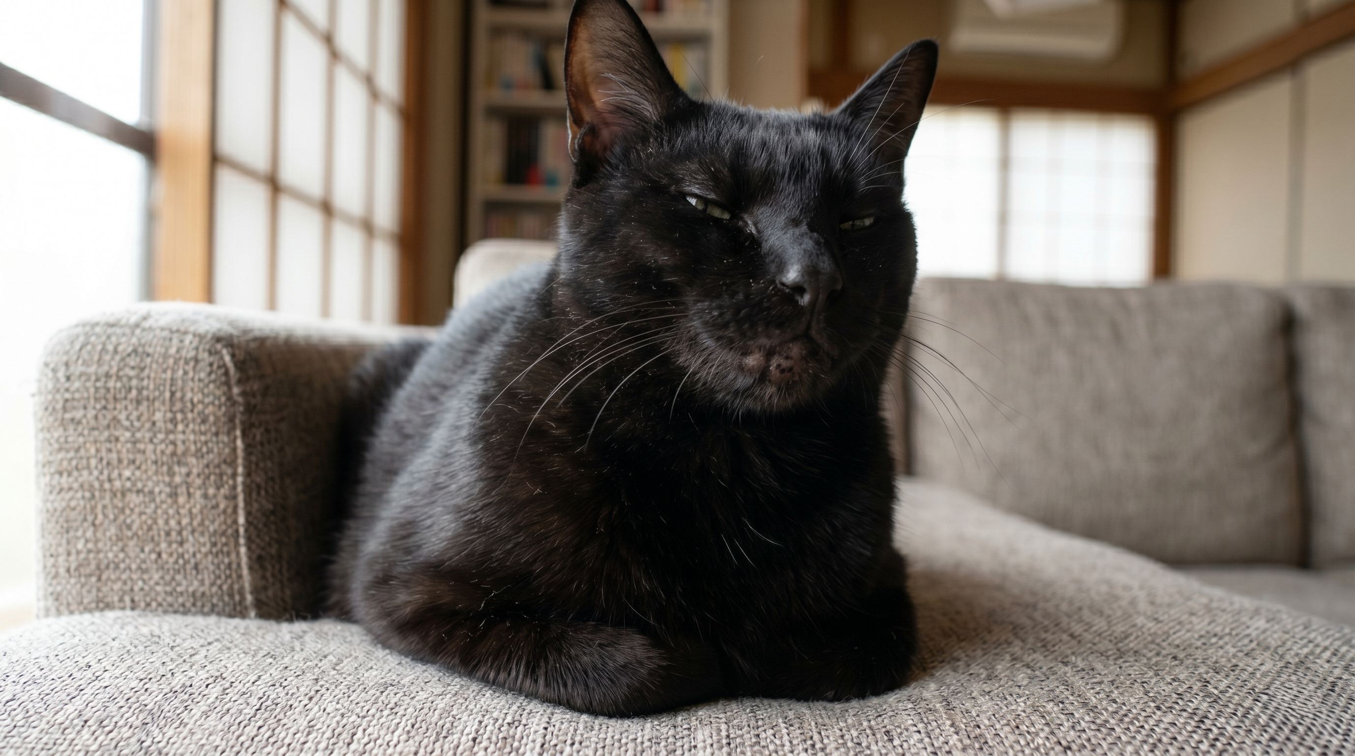 猫のあご下に黒い角栓が多数付着している状態のクローズアップ（実写風）
