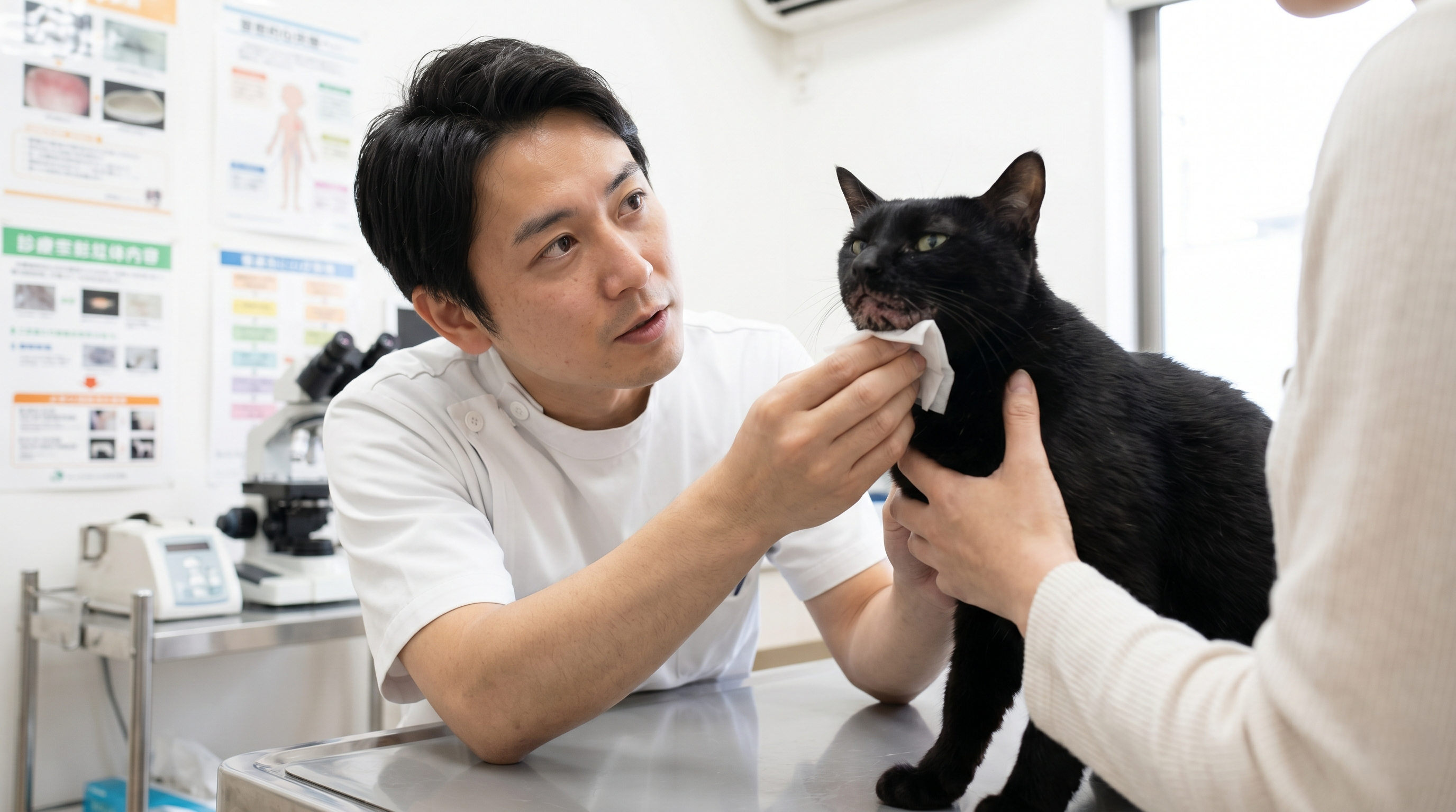 プラスチック製の食器を使用している猫と衛生状態の比較（実写風）