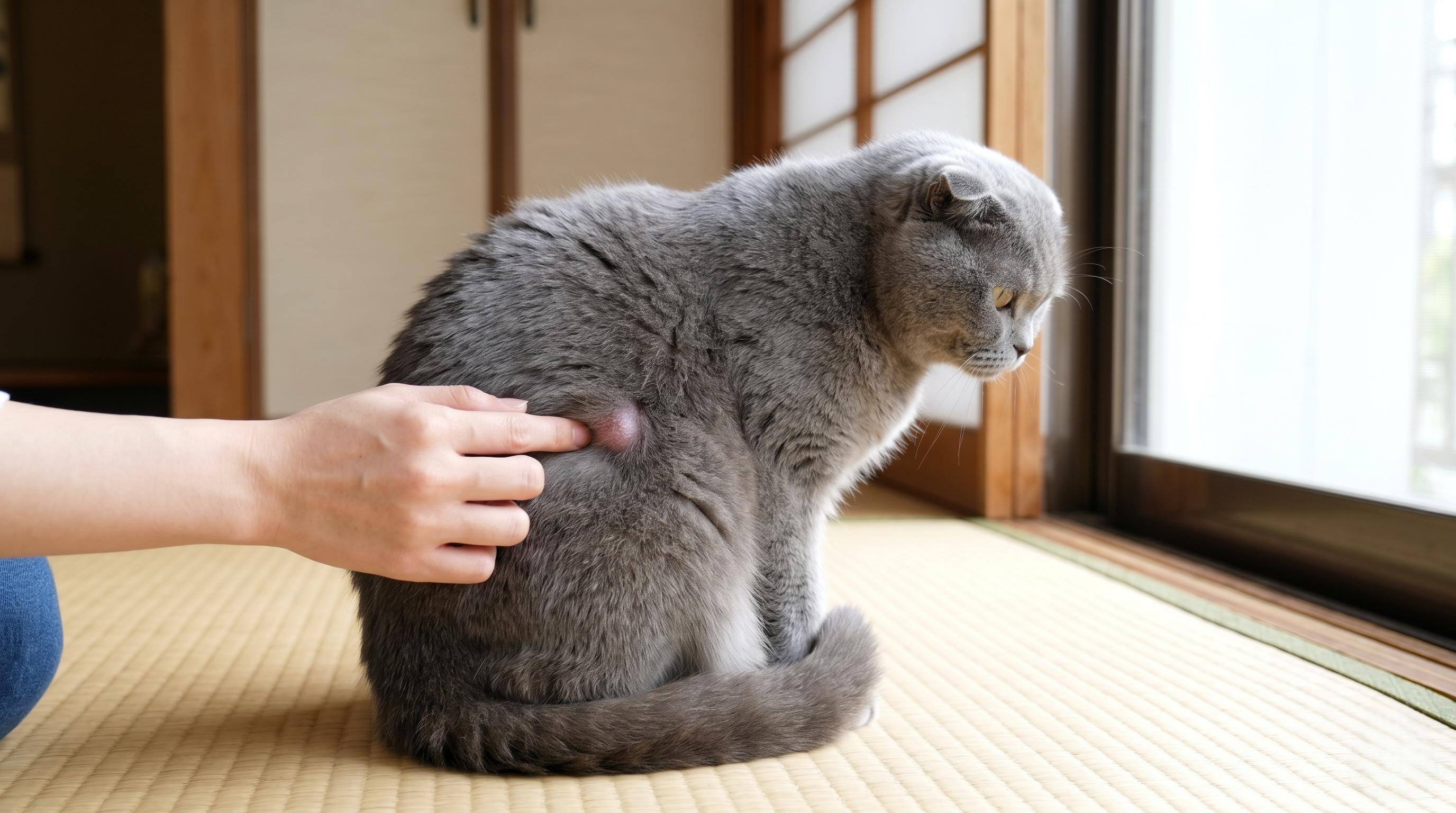 猫の頭部や頸部にしこりが確認されている場面を獣医師が触診しているシーン（実写風）
