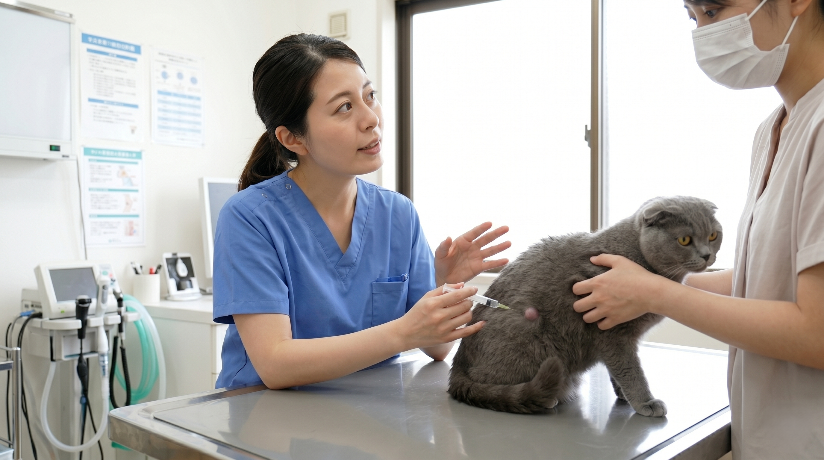 シニア猫の腹部を超音波検査で診断している動物病院のシーン（実写風）