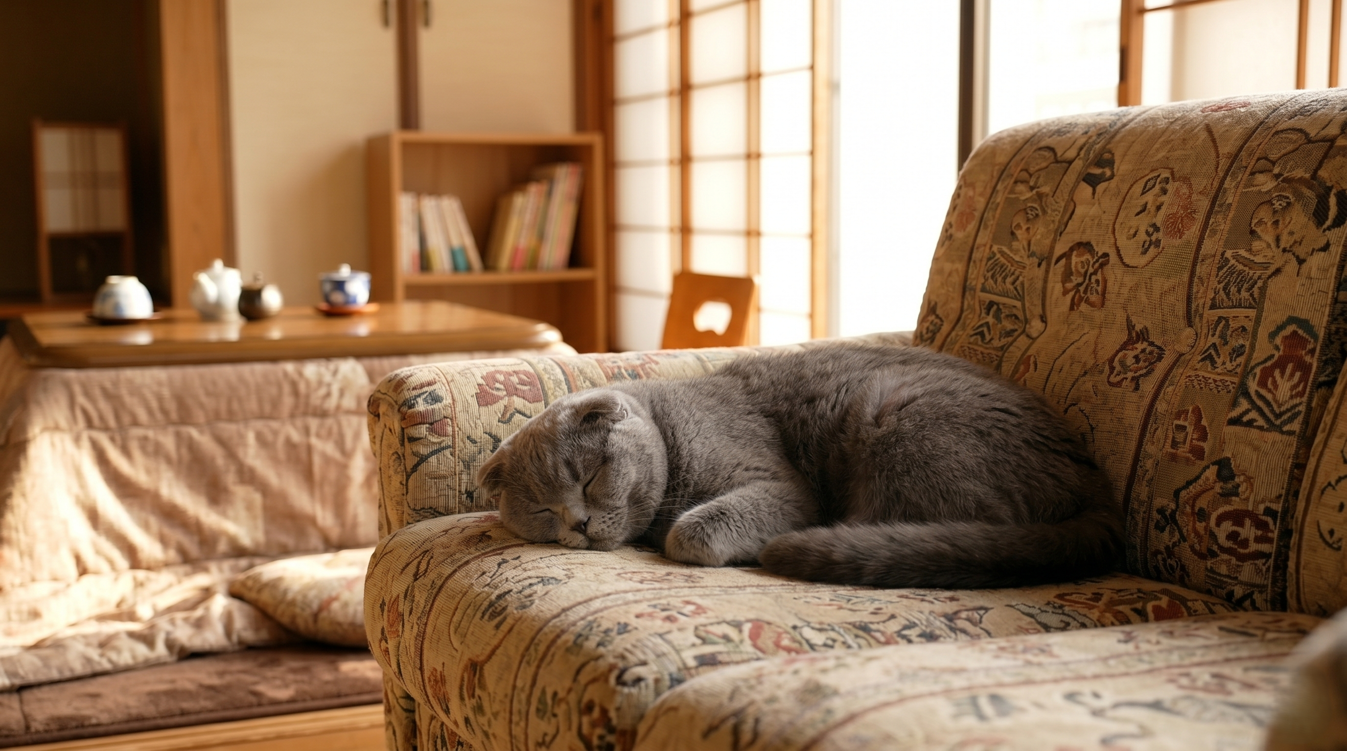 猫の腹部触診を行い家族に説明している獣医師（実写風）