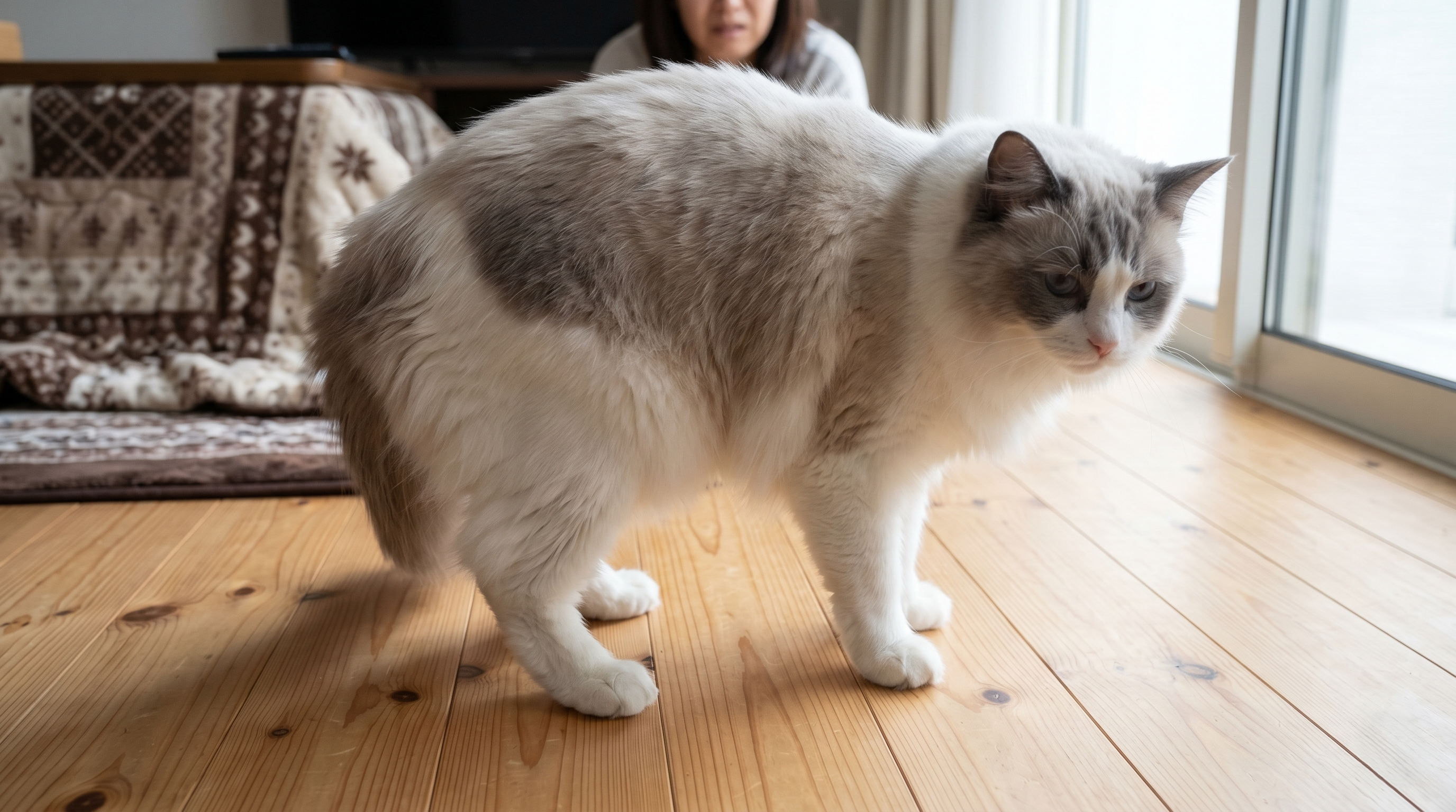 獣医師が雄猫の陰嚢部を触診して潜在精巣を確認しているシーン（実写風）