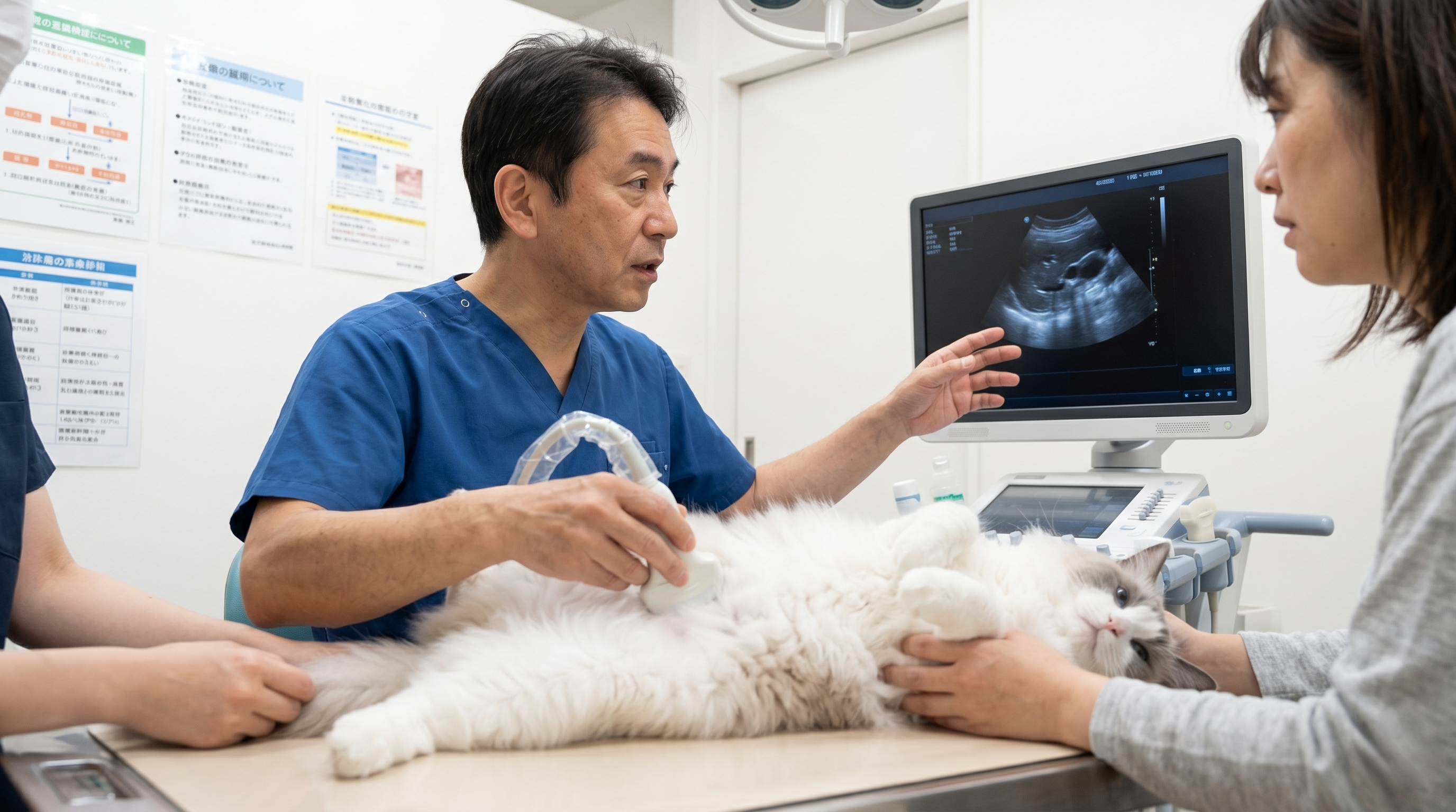 猫の腹腔内に停留した精巣を腹腔鏡で確認している外科手術のシーン（実写風）
