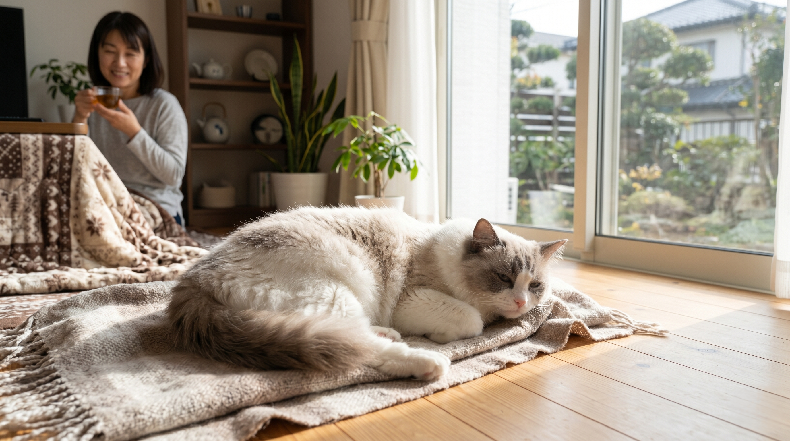 動物病院で雄猫の腹部超音波検査を行い飼い主に説明する獣医師（実写風）