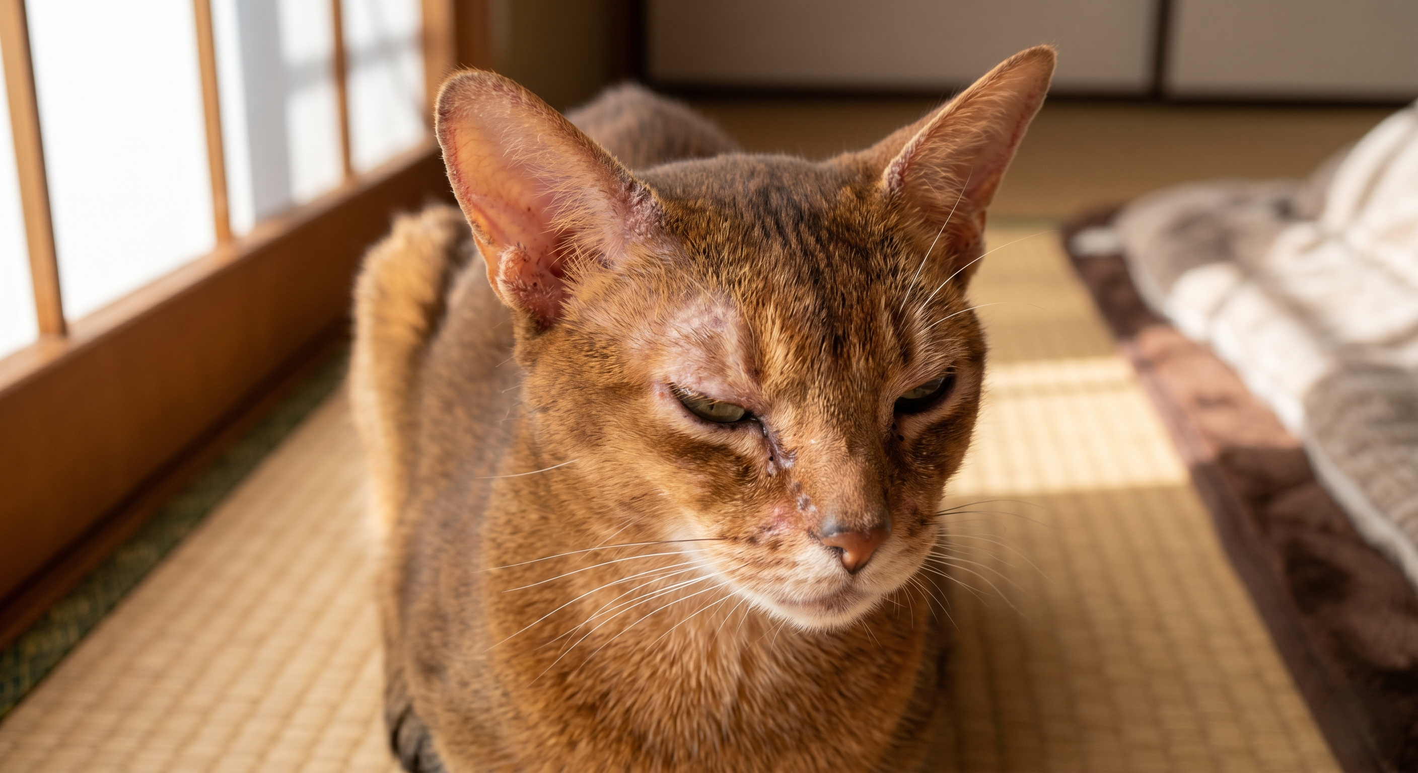 猫の顔周囲と耳周辺に脱毛と皮膚の赤みが広がっている状態のクローズアップ（実写風）