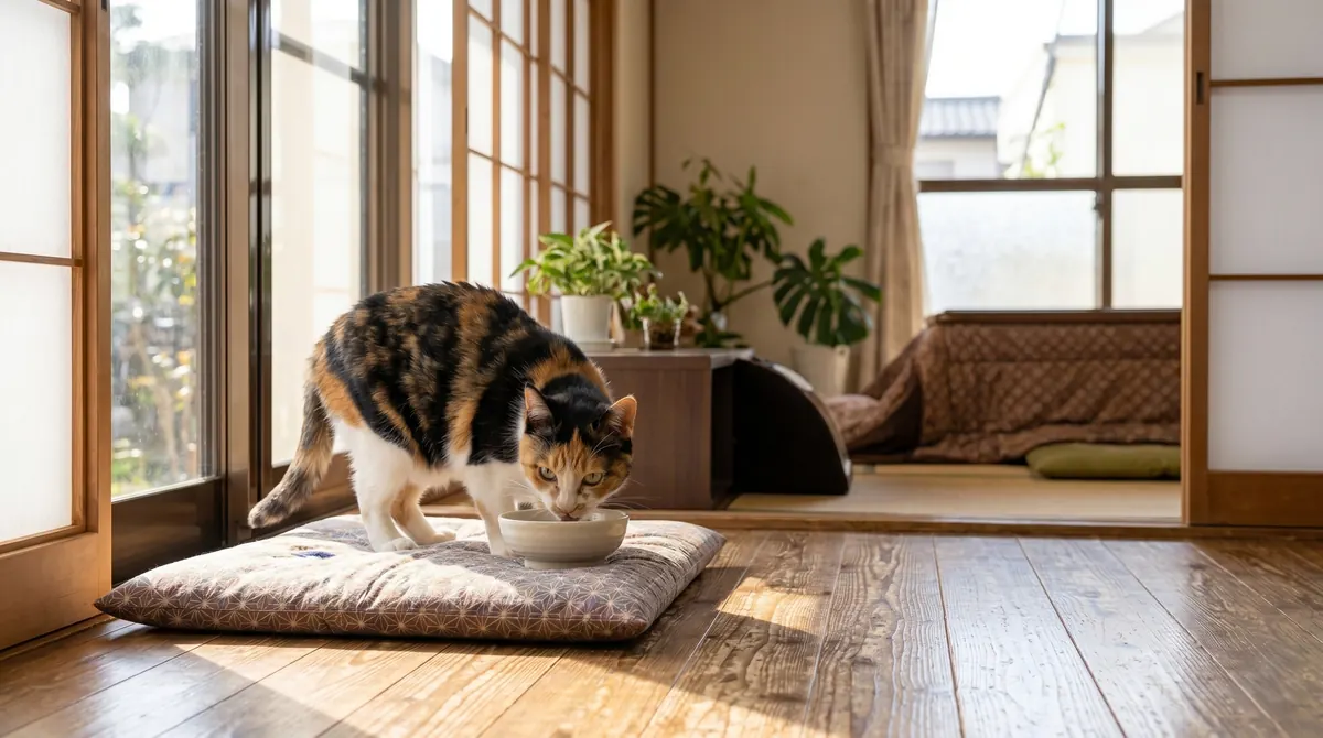 温かい部屋で回復中の猫を優しく世話する飼い主のシーン（実写風）