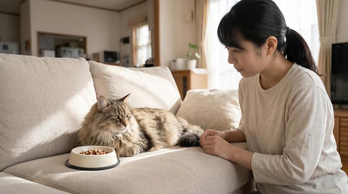 動物病院でFeLV検査の結果を説明する獣医師と猫を抱いた飼い主（実写風）