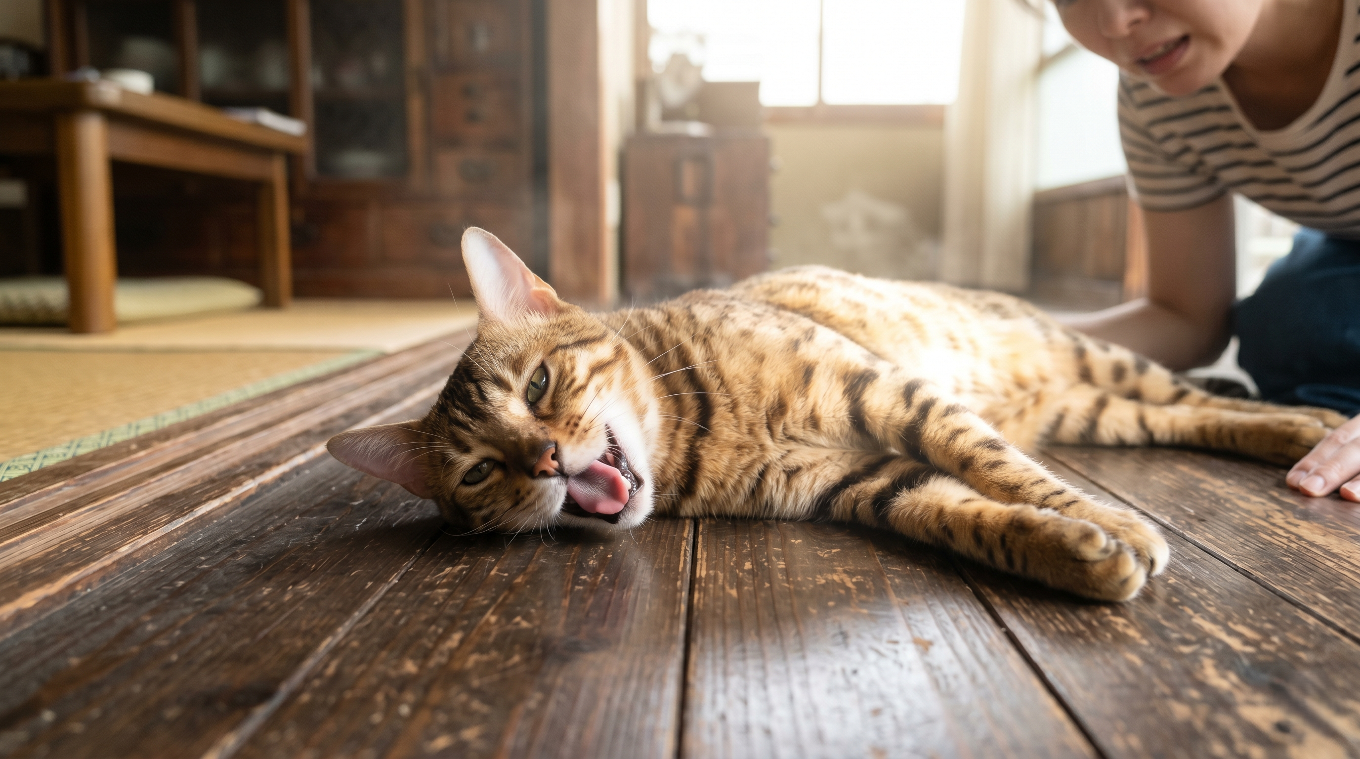 暑い室内でぐったりと横たわる猫の様子（実写風）