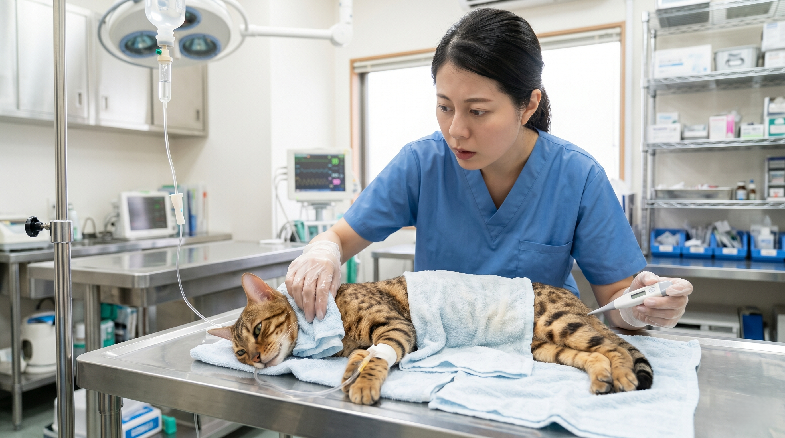 夏の日差しが差し込む閉め切った部屋の窓辺に猫がいるシーン（実写風）