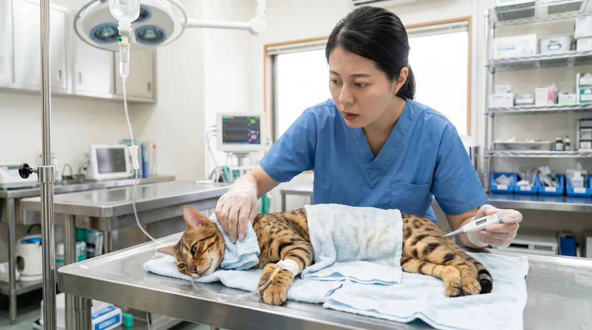 夏の日差しが差し込む閉め切った部屋の窓辺に猫がいるシーン（実写風）