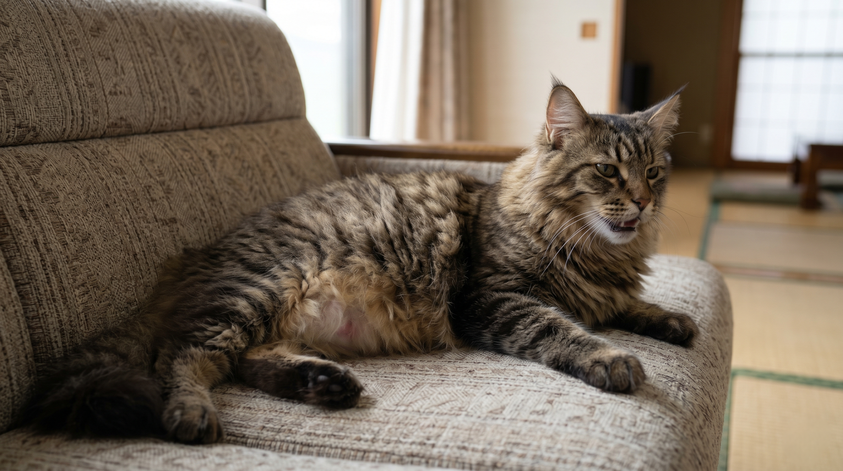 お腹が膨らんだ猫を動物病院で診察するシーン（実写風）