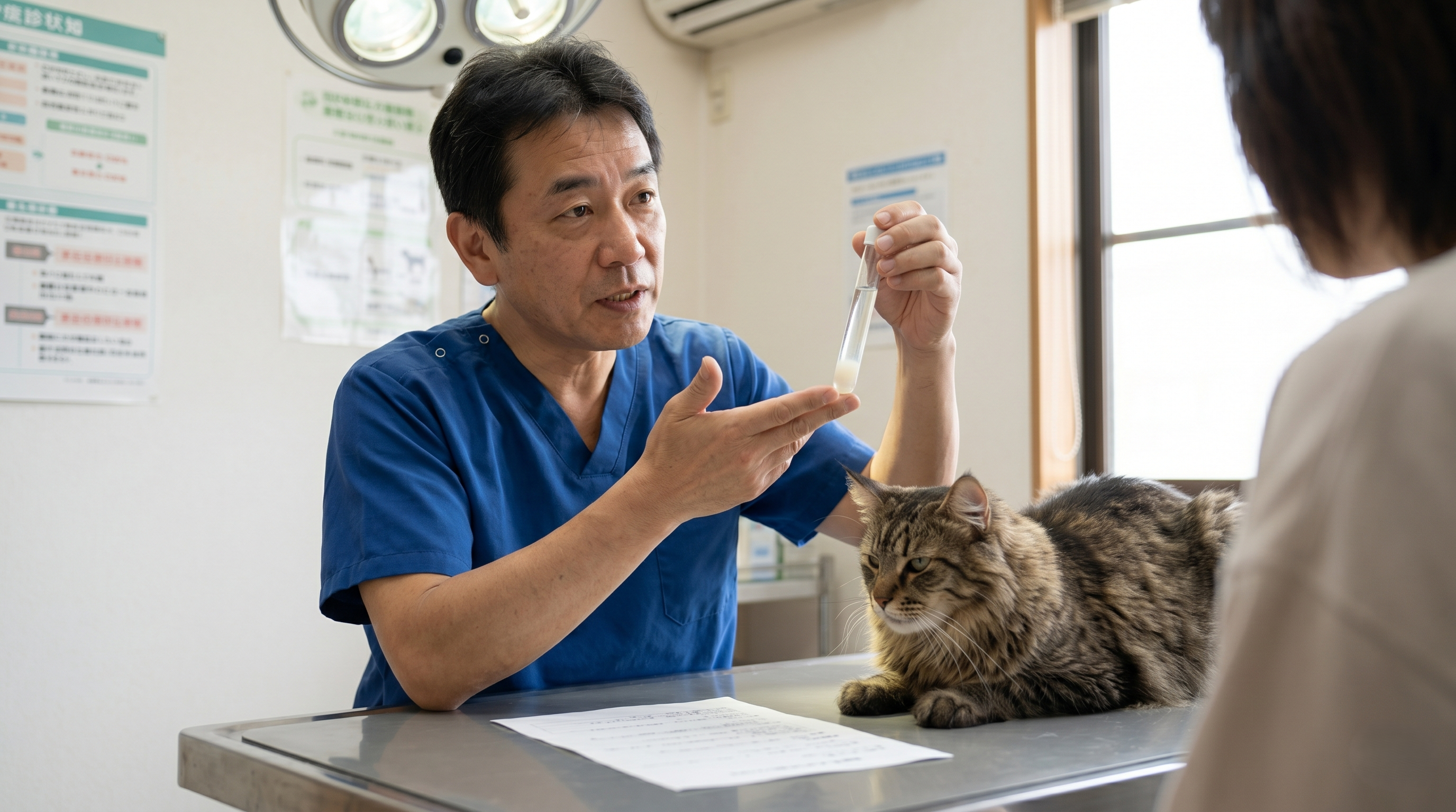 多頭飼育環境で複数の猫がトイレを共用しているシーン（実写風）