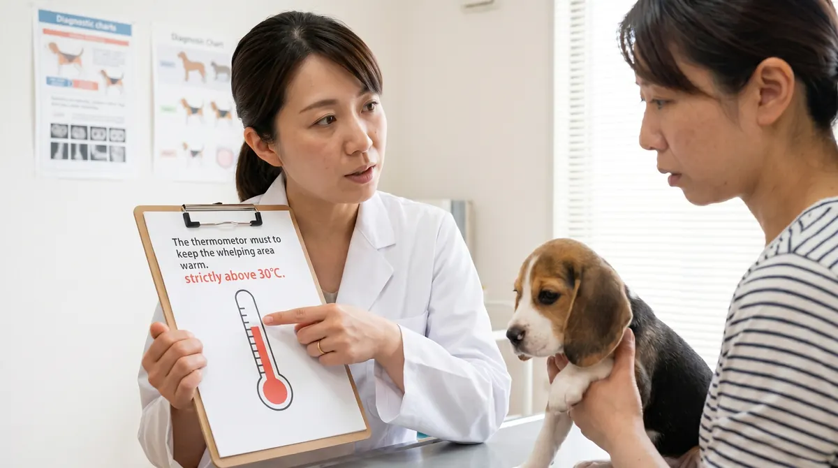 複数の新生子犬が母犬と密着して授乳しているシーン（実写風）
