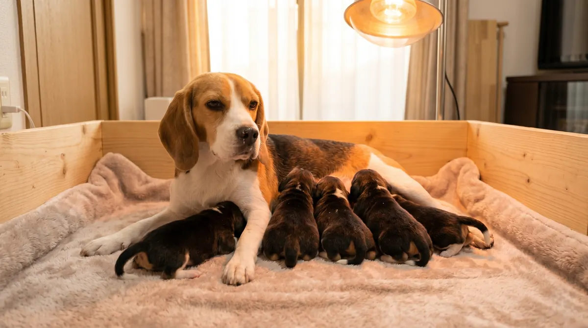保育箱で保温されている新生子犬と見守る母犬（実写風）
