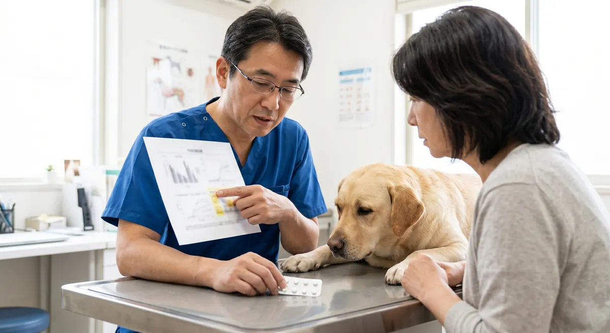 野山の草地でマダニに注意しながら犬を連れた飼い主が散歩しているシーン（実写風）