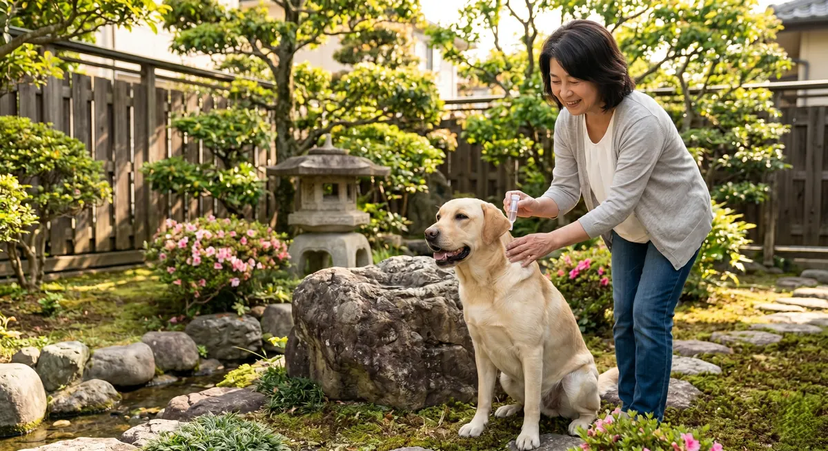 獣医師が犬の皮膚を診察してマダニ咬傷跡を確認しているシーン（実写風）