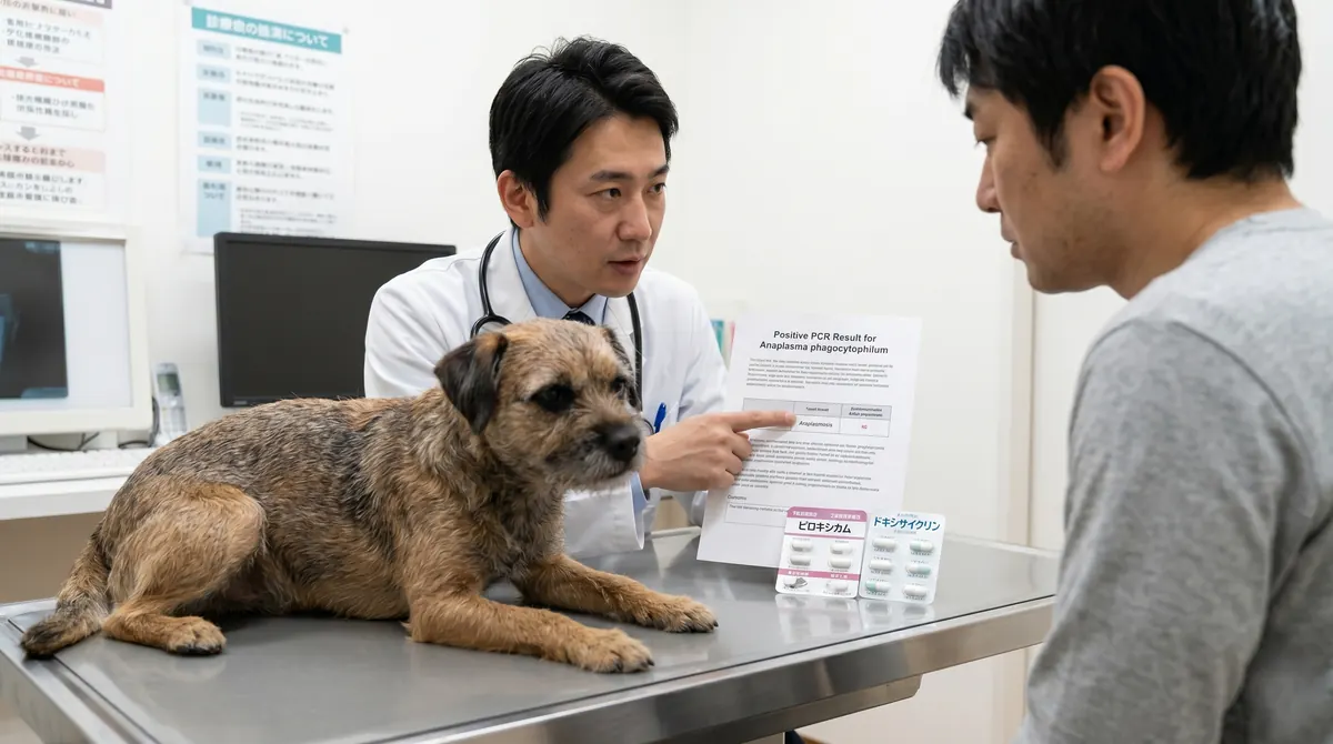 獣医師が超音波装置で犬の腹部・膀胱を検査しているシーン（実写風）