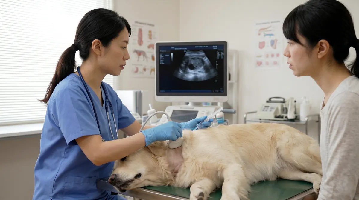 犬の頸部超音波検査を行う獣医師（実写風）