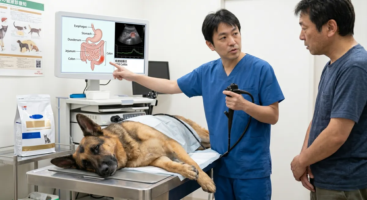 腸粘膜への免疫細胞浸潤のメカニズムを示す犬の腹部（実写風）