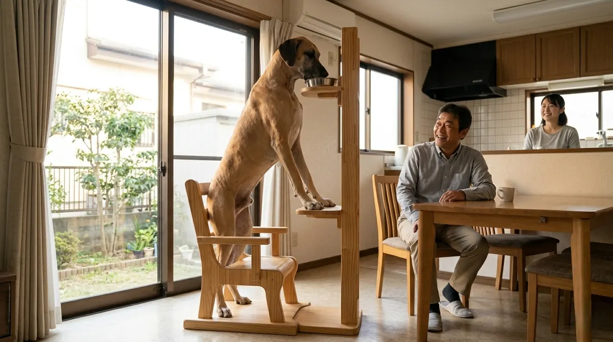 ベイリーチェアに座って食事管理を受ける犬の様子（実写風）