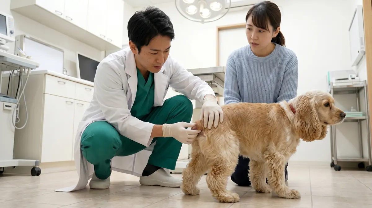 肛門嚢の位置を確認される犬と獣医師（実写風）