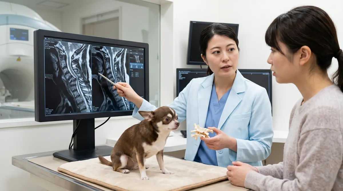 頸椎の構造と環軸椎関節の位置を示す小型犬（実写風）