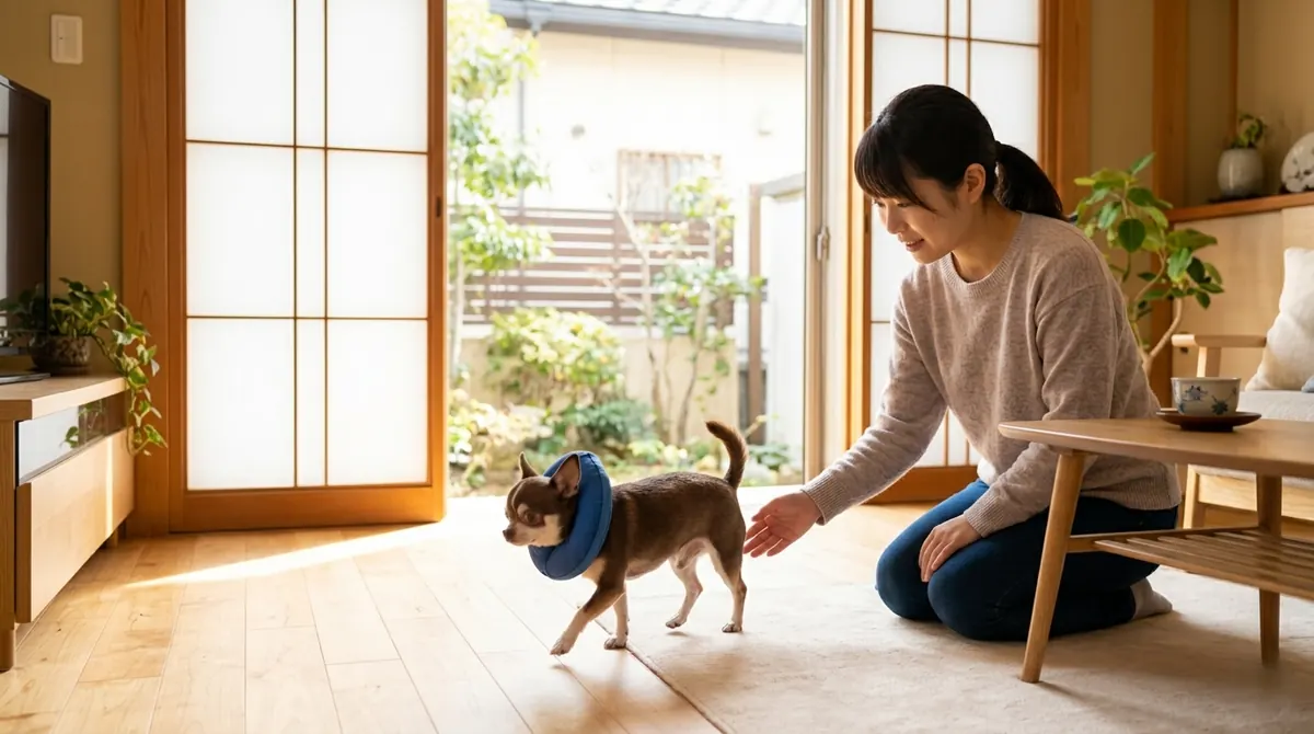頸椎検査を受ける小型犬と獣医師の様子（実写風）