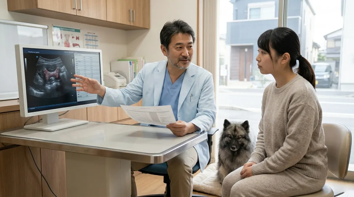 頸部の副甲状腺を診察される犬と獣医師（実写風）