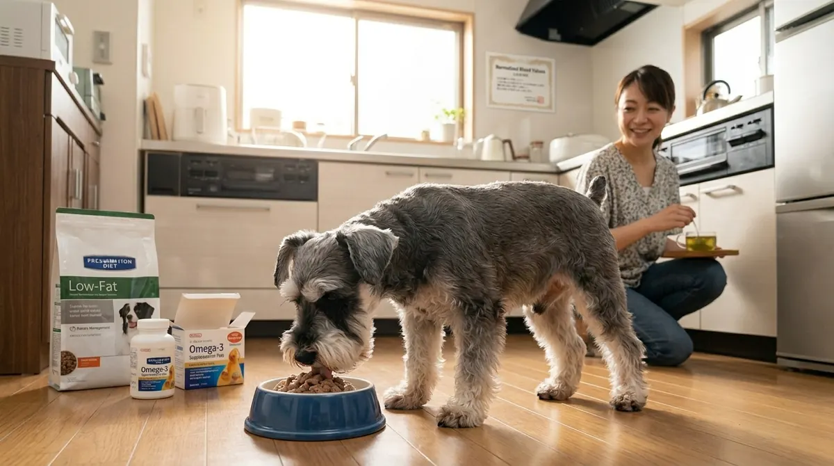 低脂肪の処方食を食べる健康的なミニチュア・シュナウザー（実写風）