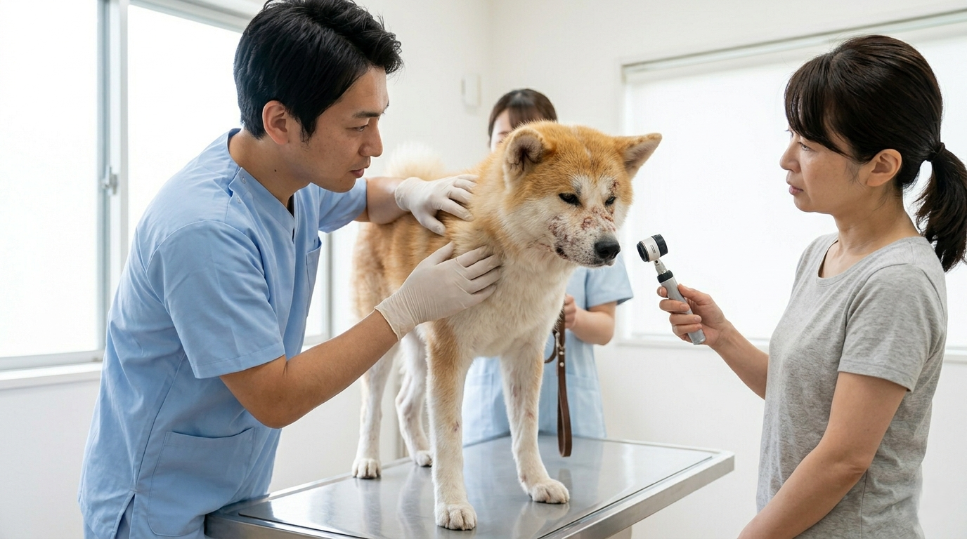 犬の皮膚生検のために準備を行う獣医師（実写風）