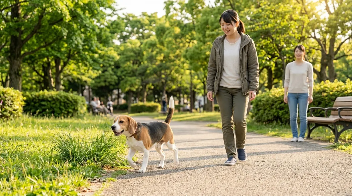 水を飲む健康的な中型犬と給水器（実写風）