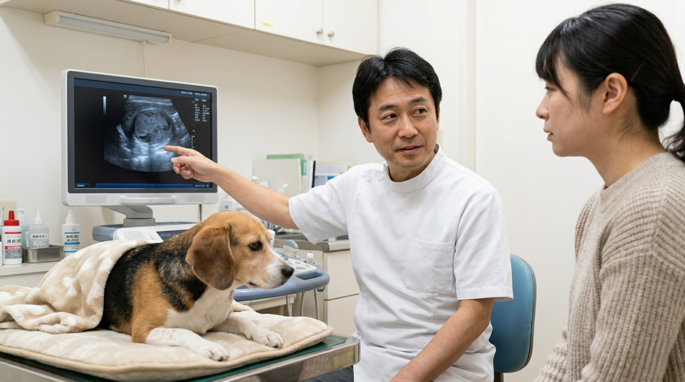動物病院で犬の陰嚢部の超音波検査を実施する獣医師（実写風）