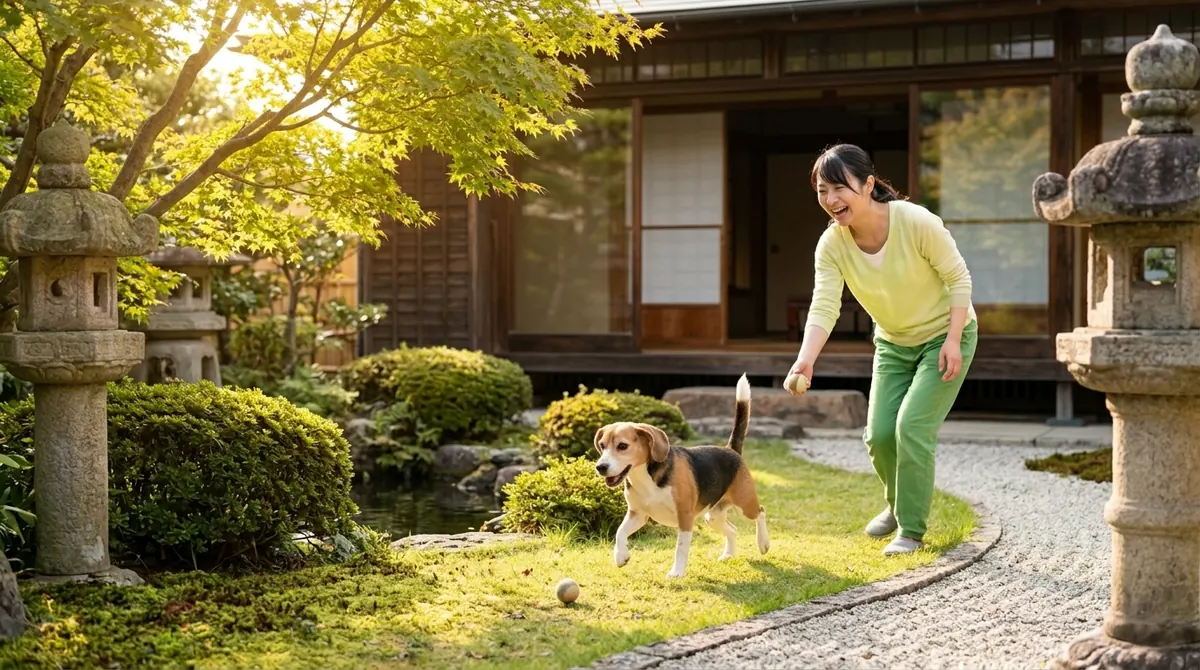 健康診断で犬の精巣触診を受ける中高齢の雄犬（実写風）