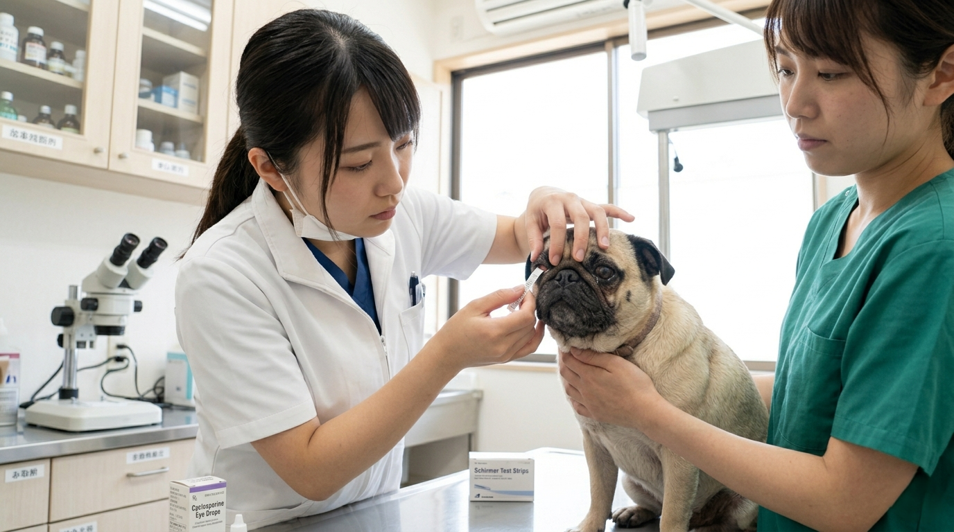 動物病院で犬の眼にシュマー試験用のストリップを当てている獣医師（実写風）