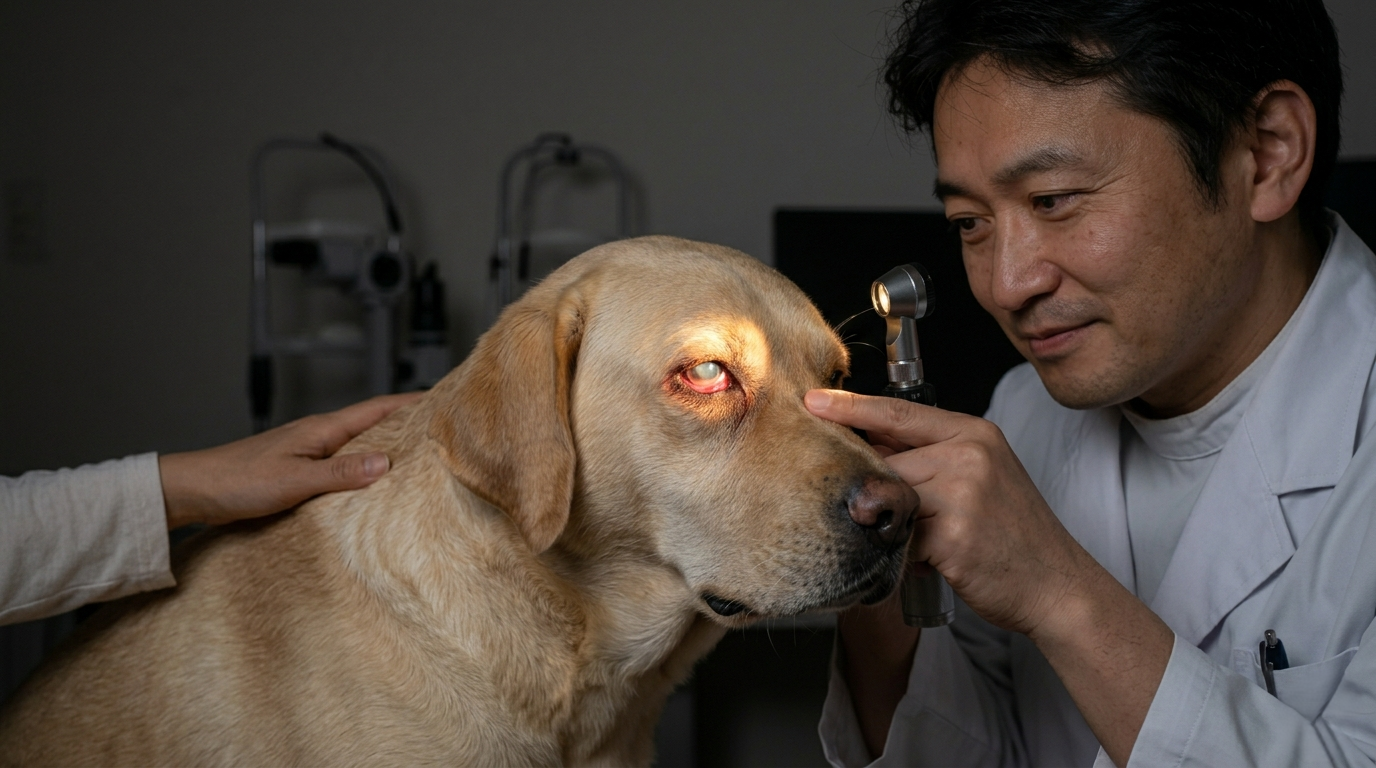 動物眼科医がスリットランプで犬の眼を詳細検査している診療場面（実写風）